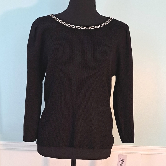Nanette Lepore Tops - NANETTE LEPORE Black Stretch Pullover Blouse, Crystal Chain Neckline, Size L